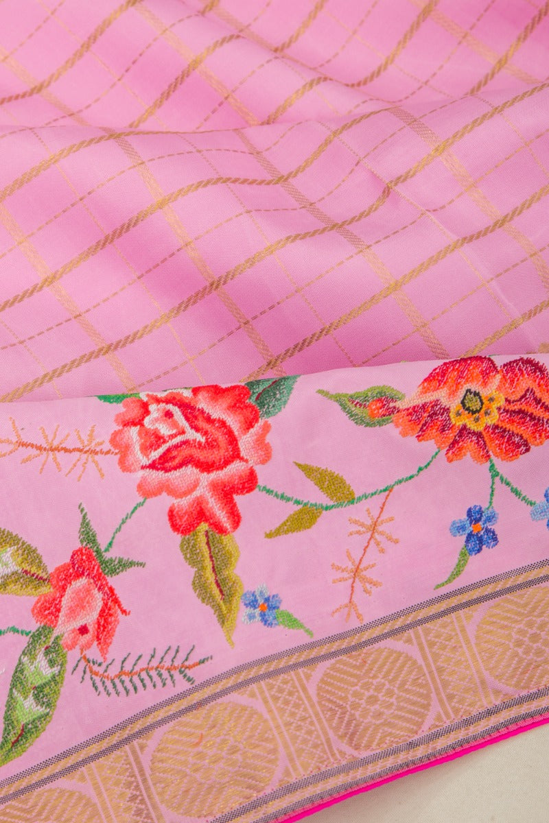 Petit Point Kanchipuram Silk Checks Pink Saree