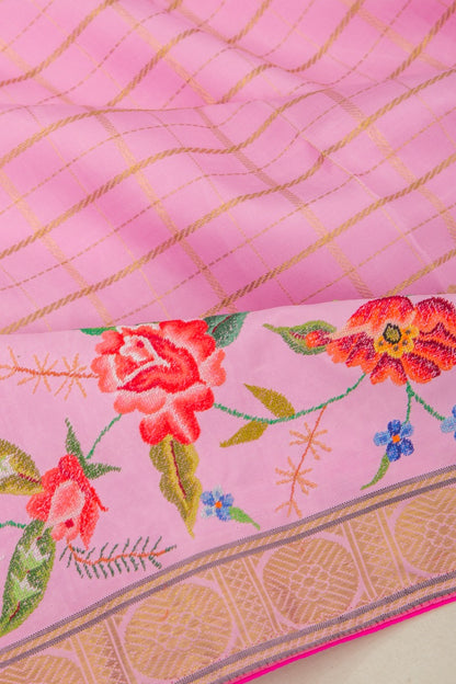 Petit Point Kanchipuram Silk Checks Pink Saree
