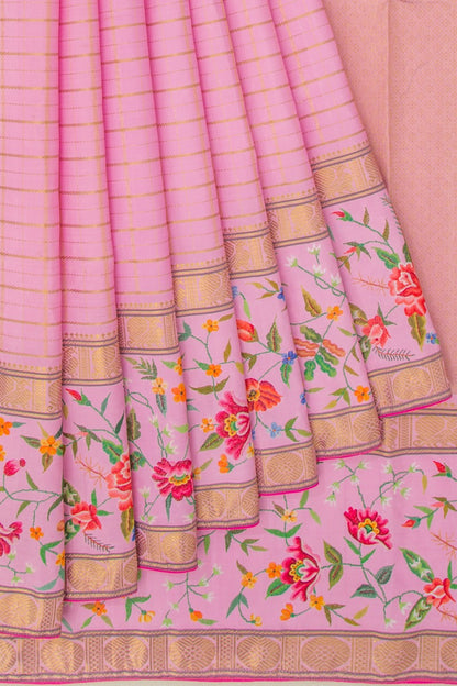 Petit Point Kanchipuram Silk Checks Pink Saree