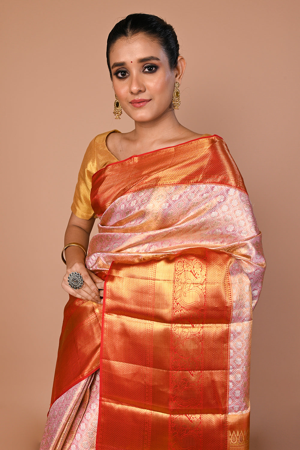 Kanchipuram Silk Tissue Brocade Baby Pink Saree