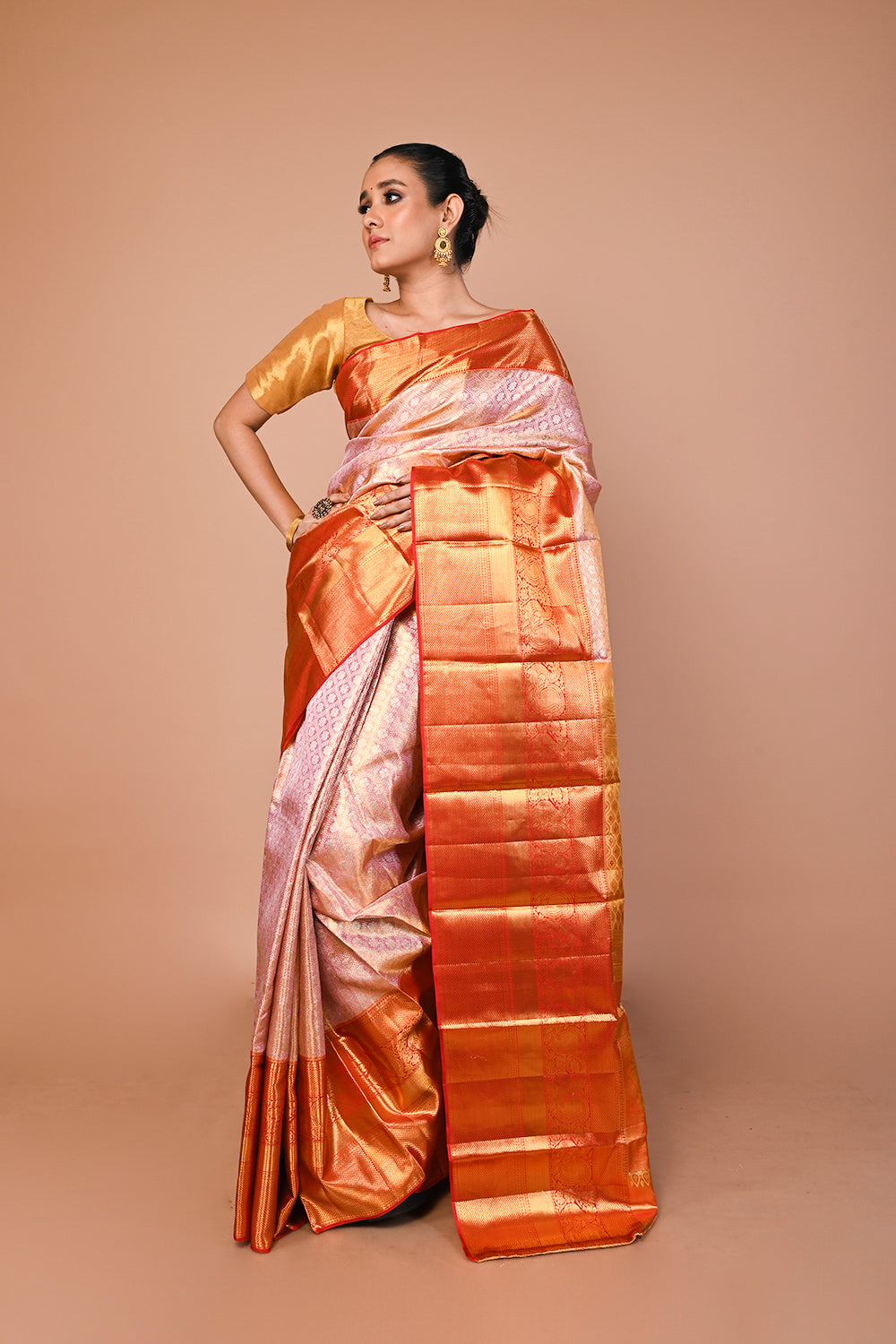 Kanchipuram Silk Tissue Brocade Baby Pink Saree