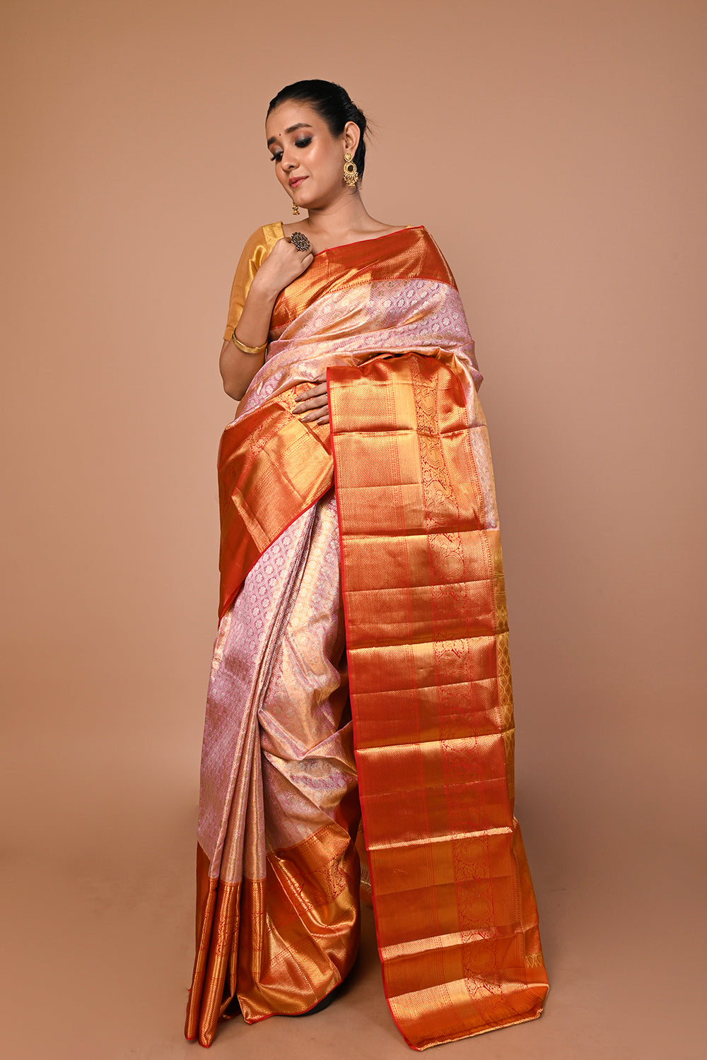 Kanchipuram Silk Tissue Brocade Baby Pink Saree