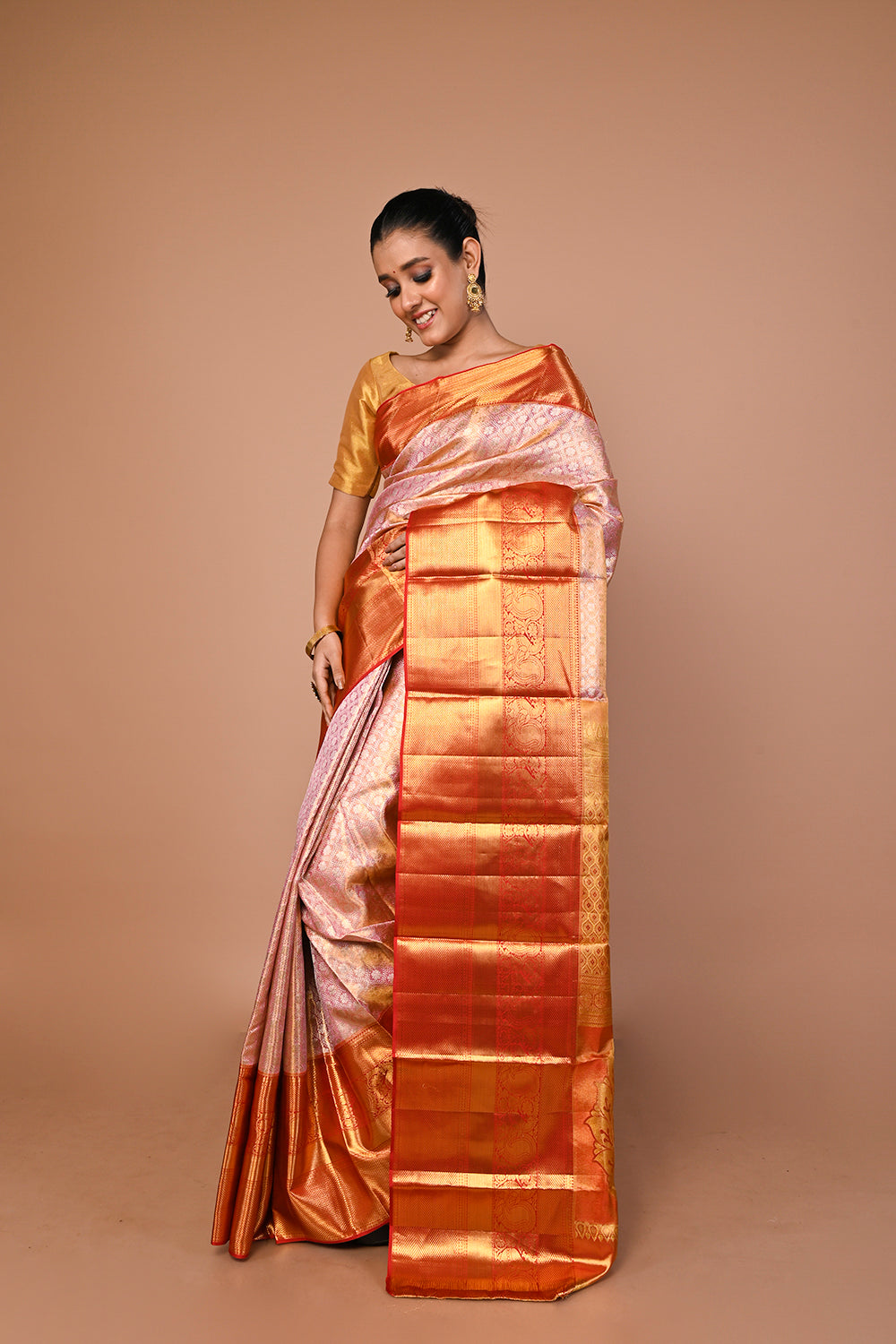 Kanchipuram Silk Tissue Brocade Baby Pink Saree