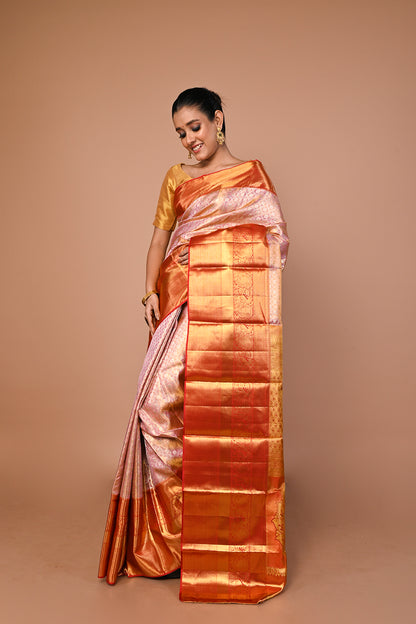 Kanchipuram Silk Tissue Brocade Baby Pink Saree