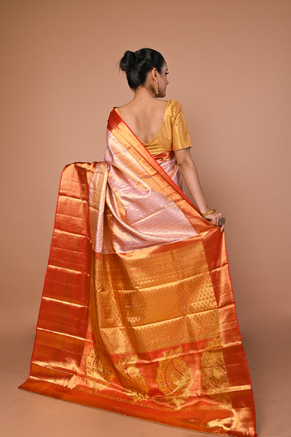 Kanchipuram Silk Tissue Brocade Baby Pink Saree
