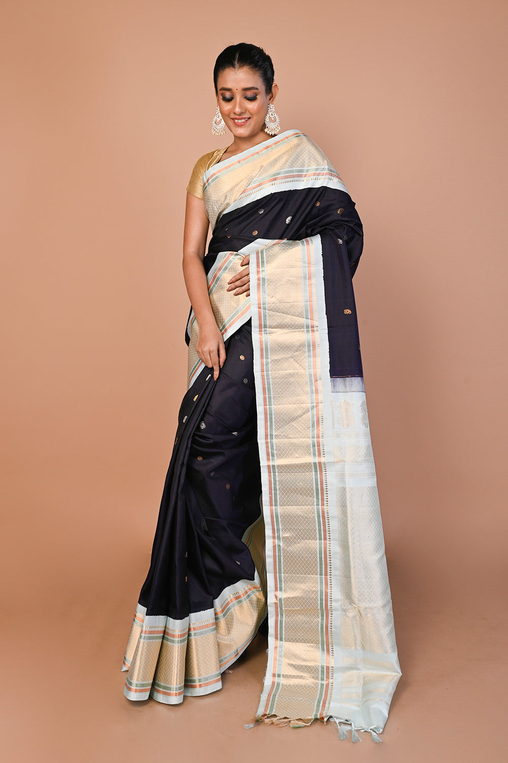 Gadwal Silk Butta Dark Blue Saree