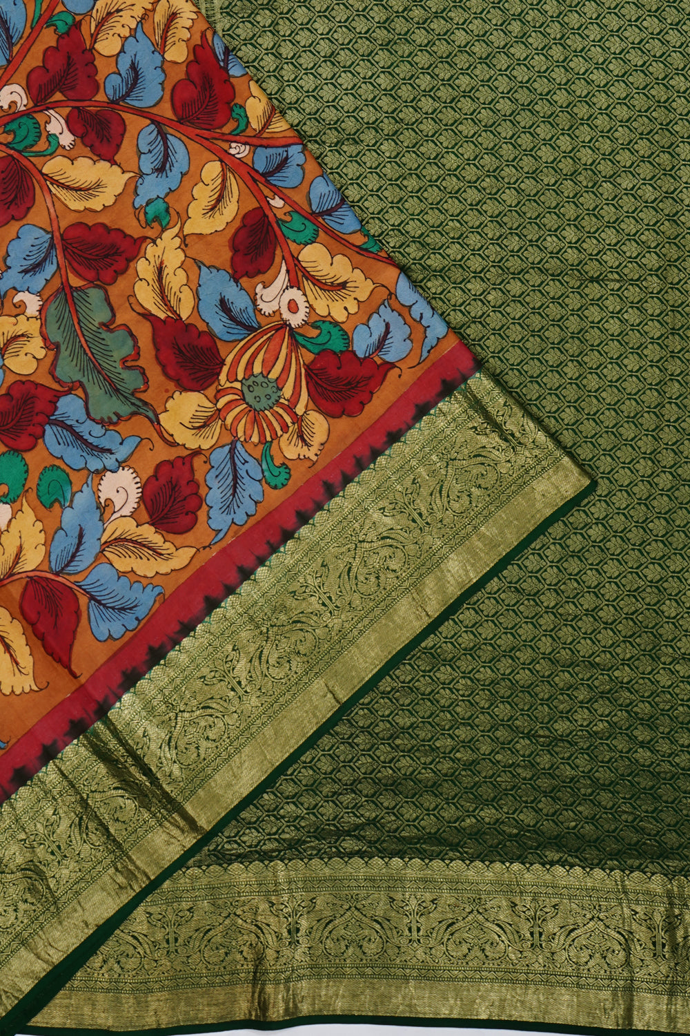 Kanchipuram Silk Hand Painted Kalamkari Brown Saree 1213357165