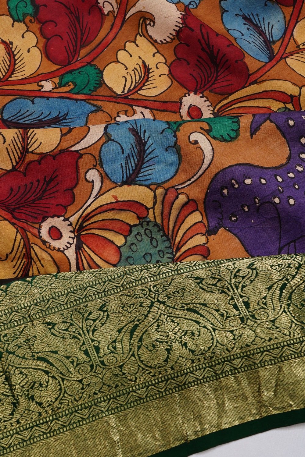 Kanchipuram Silk Hand Painted Kalamkari Brown Saree 1213357165