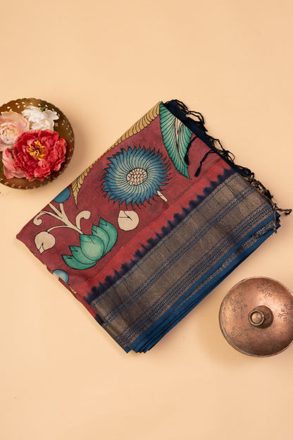 Kanchipuram Silk Kalamkari Brown Saree