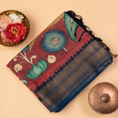 Kanchipuram Silk Kalamkari Brown Saree