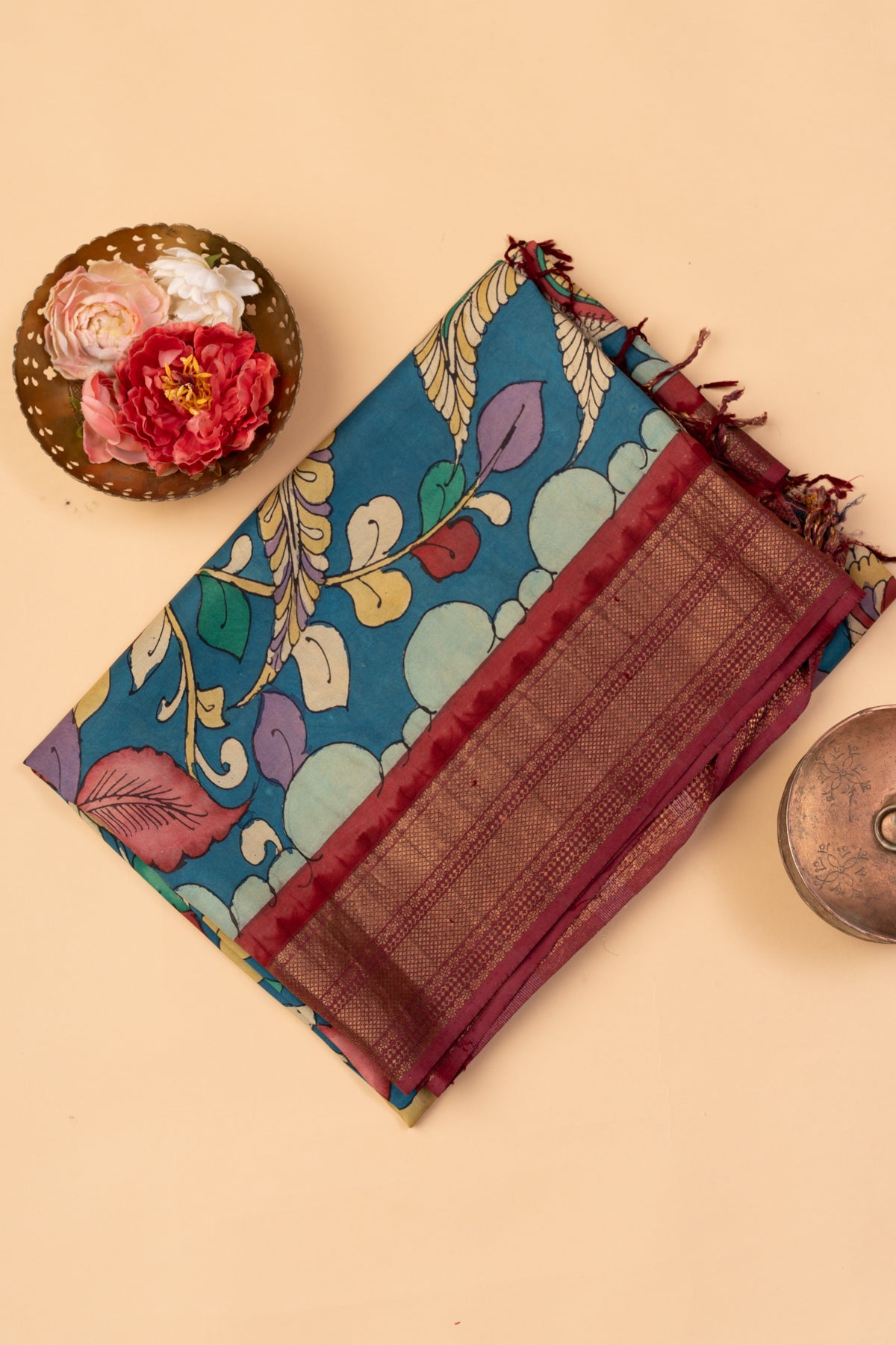 Kanchipuram Silk Kalamkari Dark Blue Saree