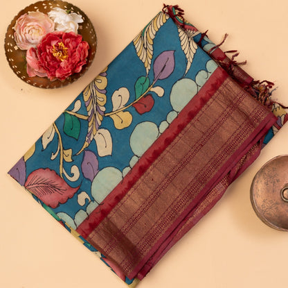 Kanchipuram Silk Kalamkari Dark Blue Saree
