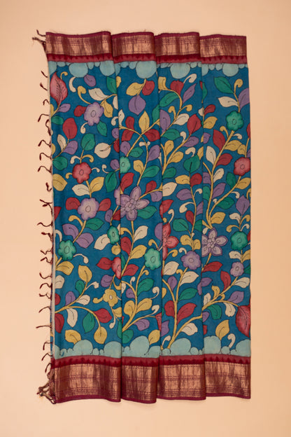 Kanchipuram Silk Kalamkari Dark Blue Saree
