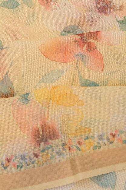 Kota Soft Silk Floral Printed Lemon Yellow Saree