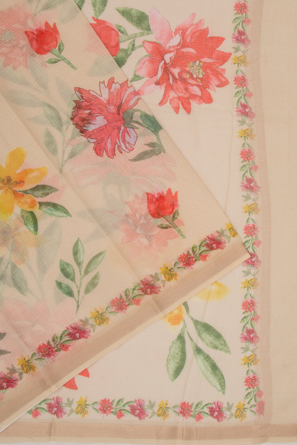 Kota Soft Silk Floral Printed Cream Saree