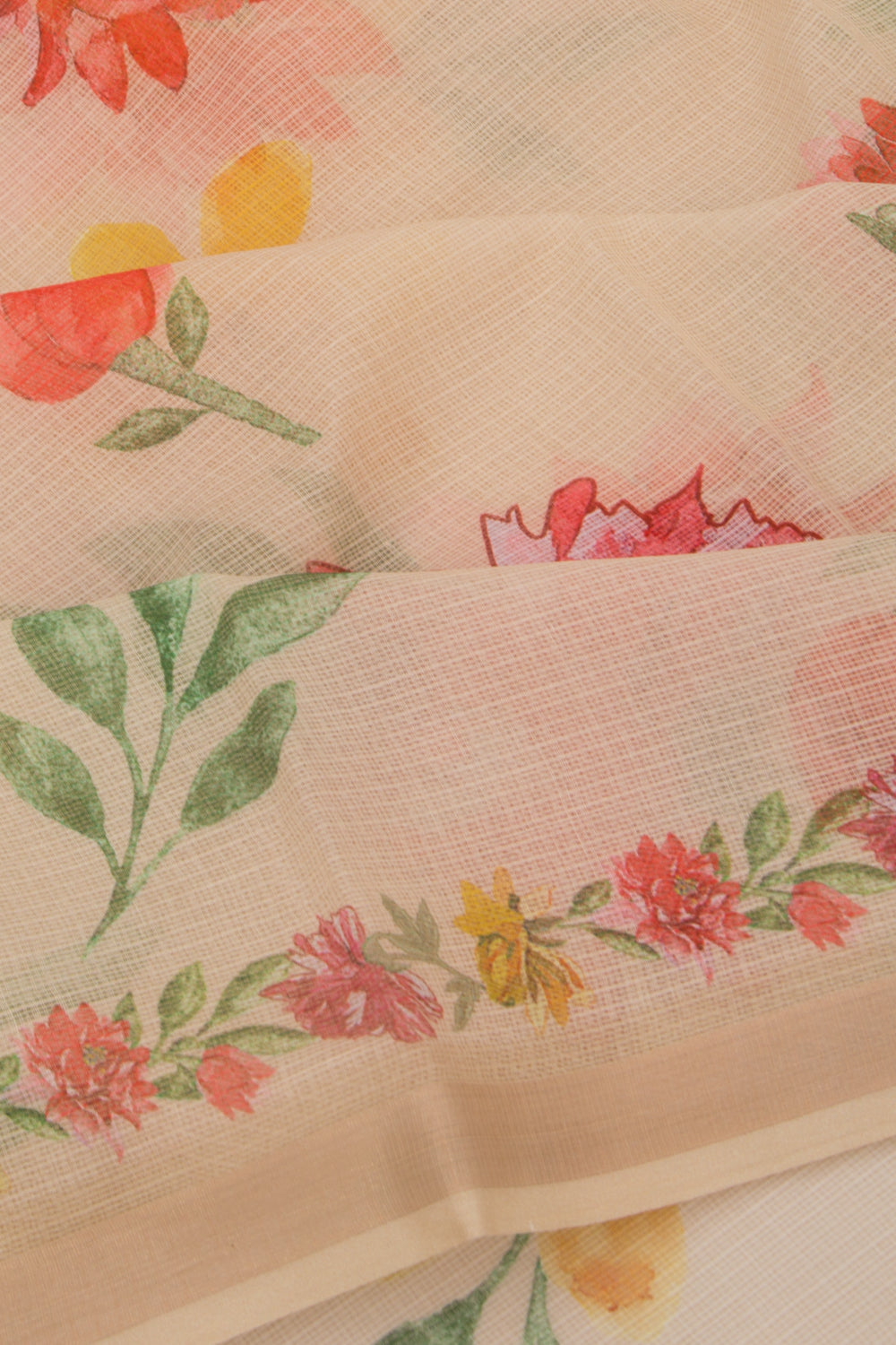 Kota Soft Silk Floral Printed Cream Saree