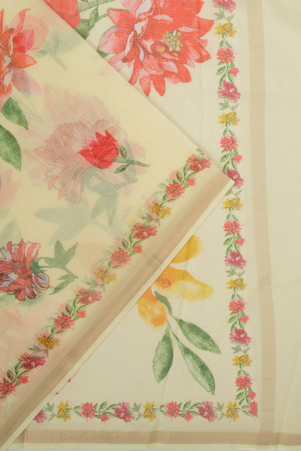 Kota Soft Silk Floral Printed Lemon Yellow Saree