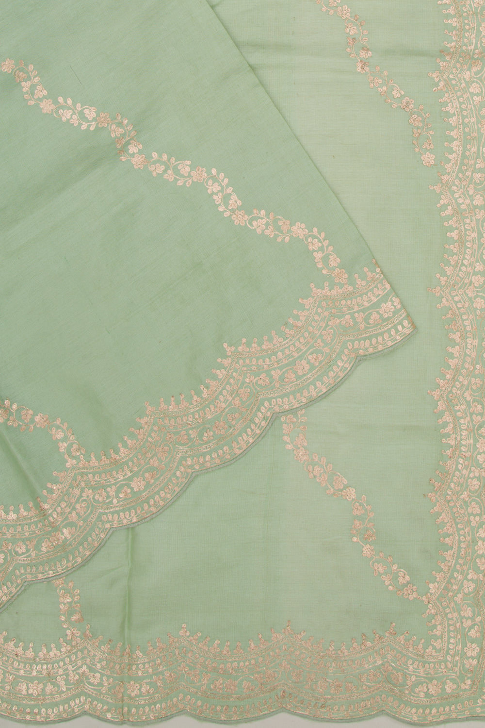Tussar Embroidery Pastel Green Saree With Scallop Border