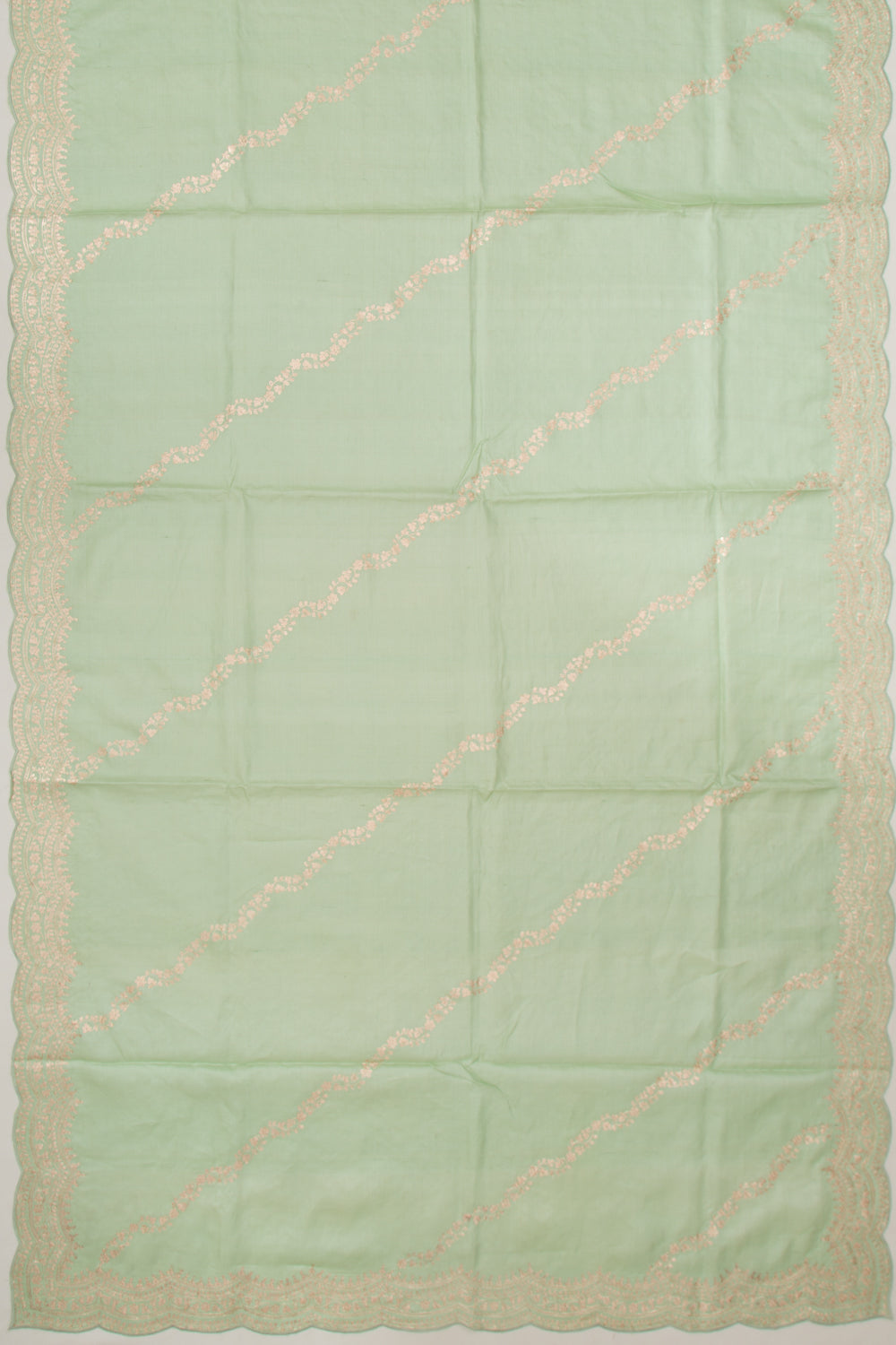 Tussar Embroidery Pastel Green Saree With Scallop Border