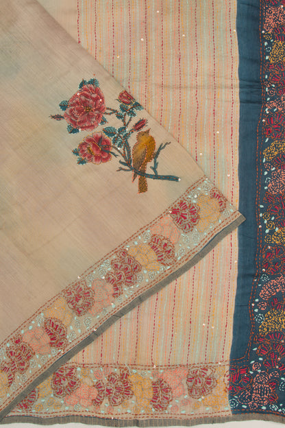 Chanderi Silk Printed And Kantha Work Beige Saree