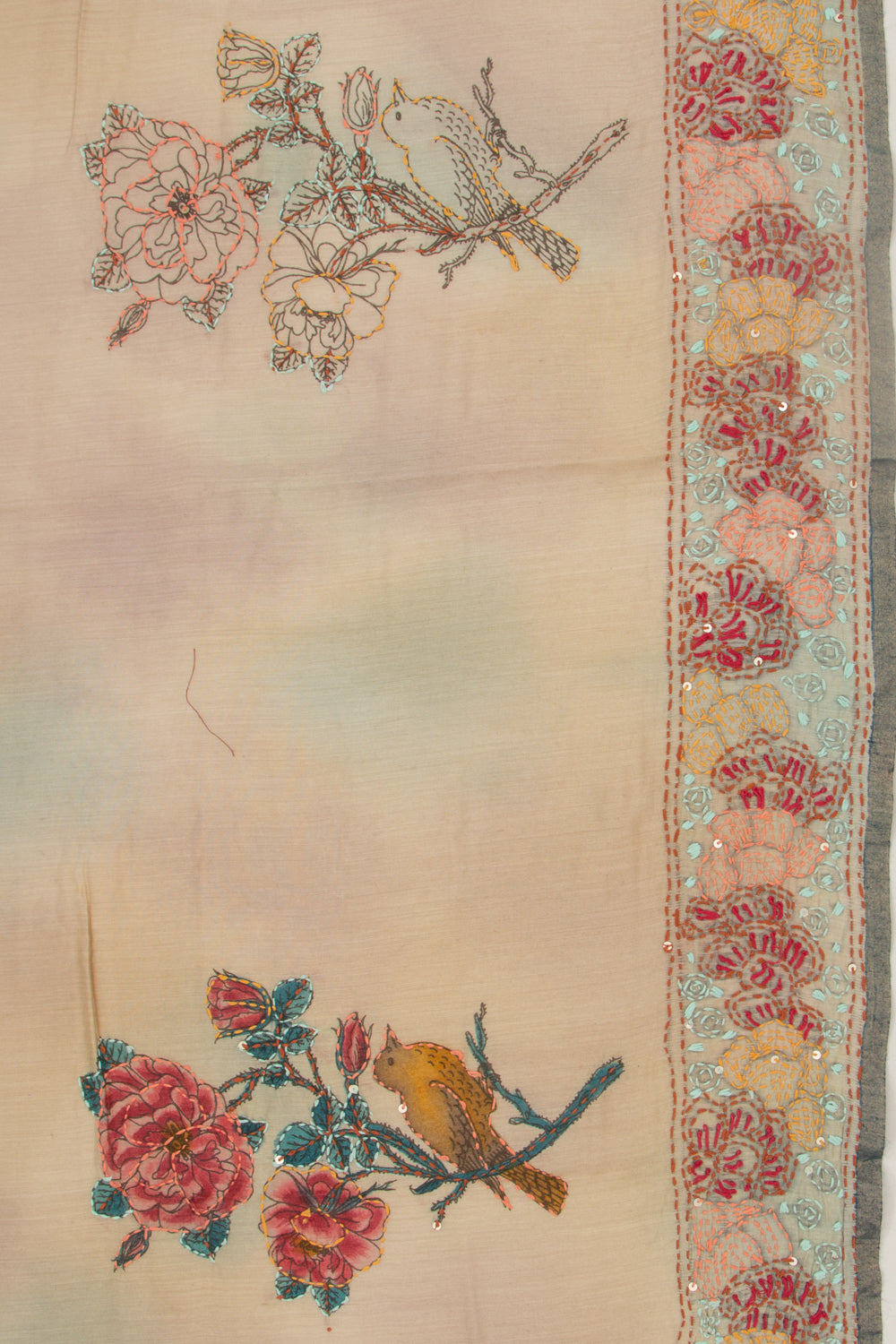 Chanderi Silk Printed And Kantha Work Beige Saree