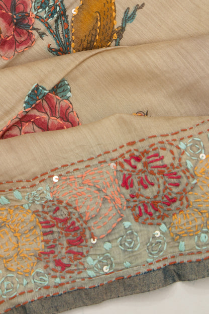 Chanderi Silk Printed And Kantha Work Beige Saree