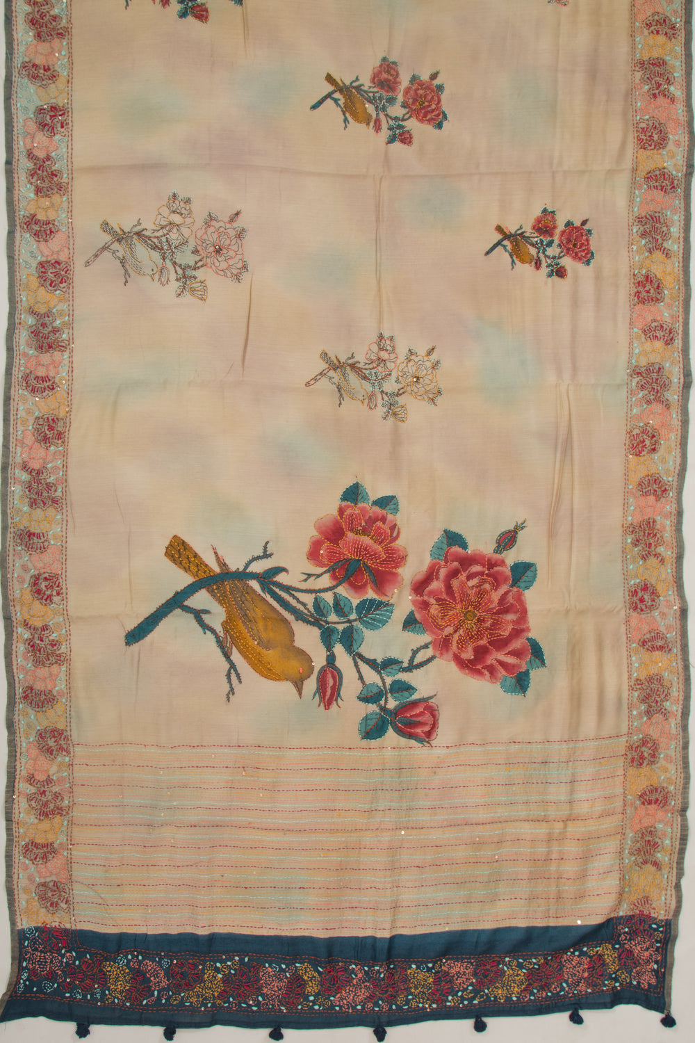 Chanderi Silk Printed And Kantha Work Beige Saree