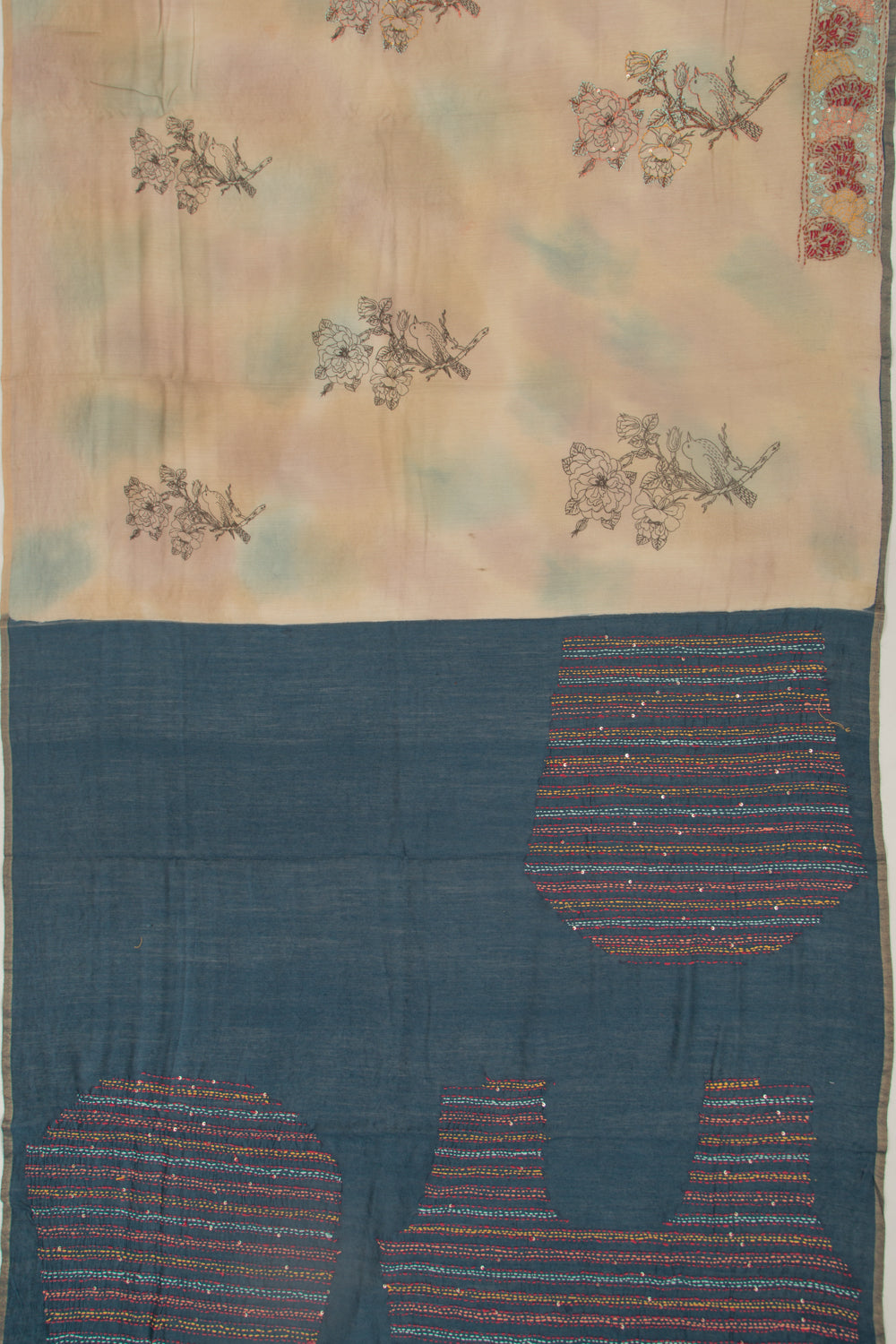 Chanderi Silk Printed And Kantha Work Beige Saree