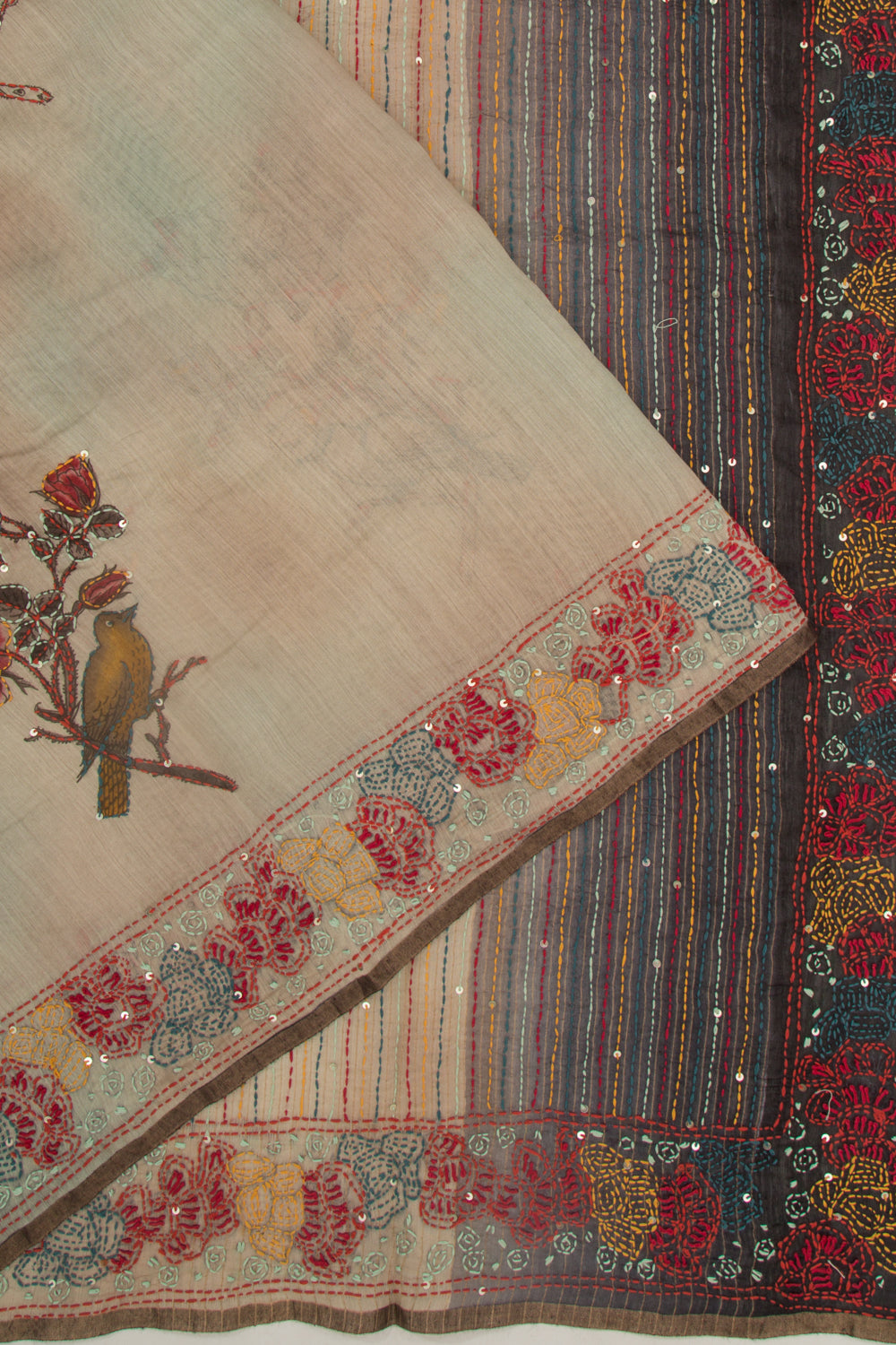 Chanderi Silk Printed And Kantha Work Beige Saree