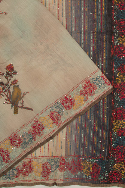Chanderi Silk Printed And Kantha Work Beige Saree