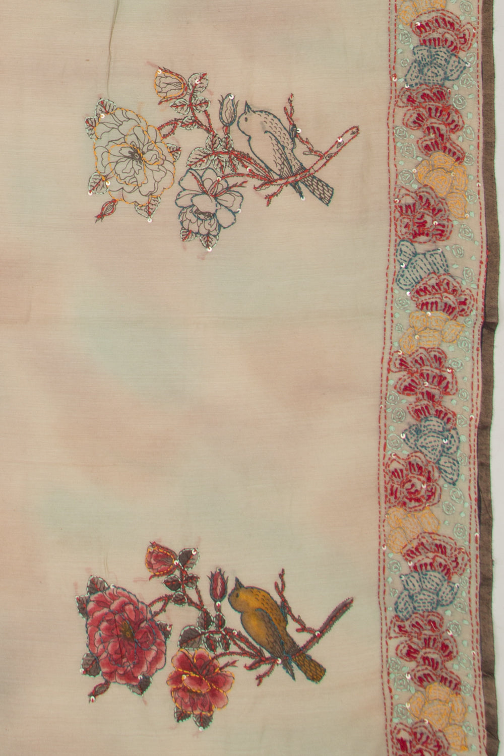 Chanderi Silk Printed And Kantha Work Beige Saree