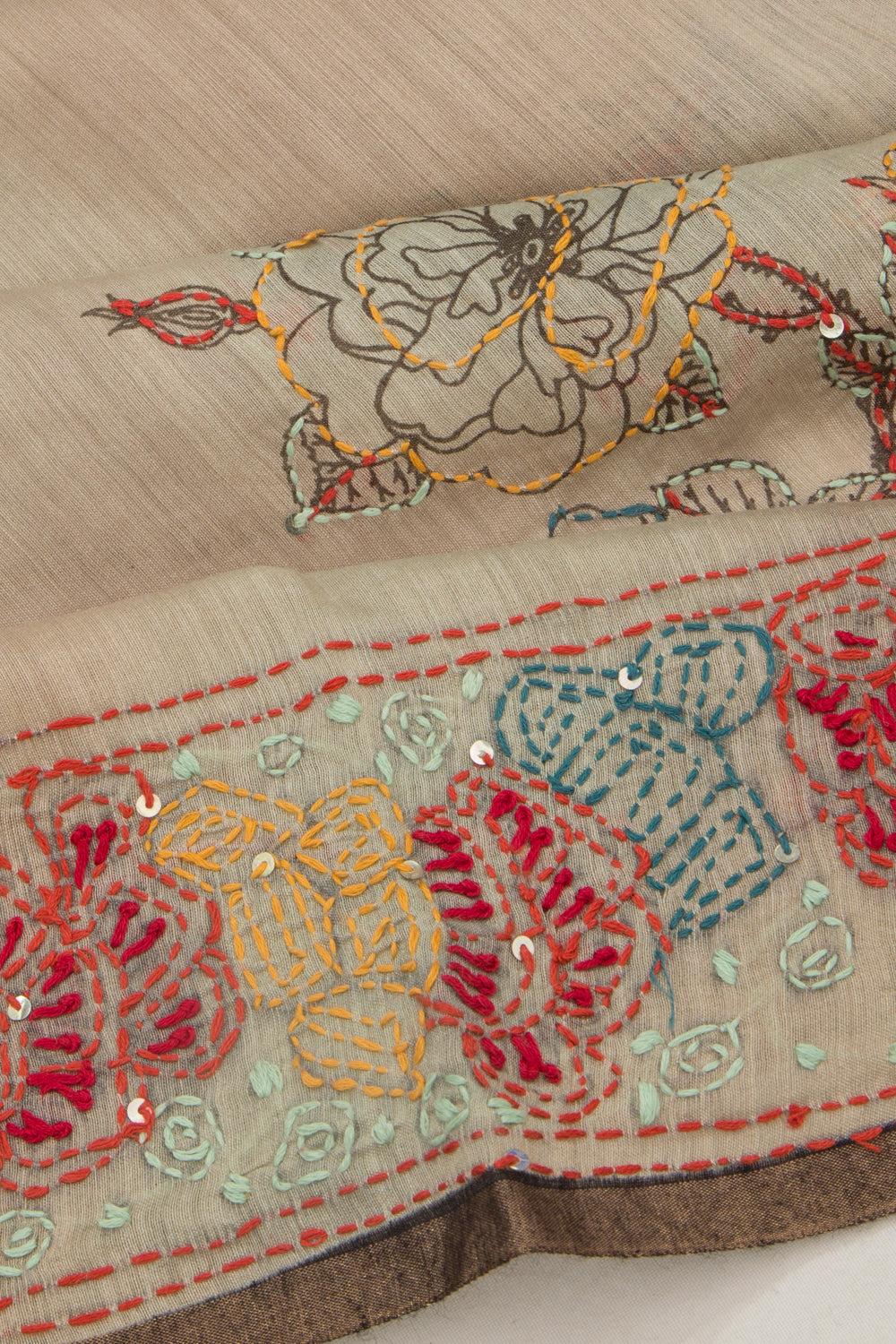 Chanderi Silk Printed And Kantha Work Beige Saree