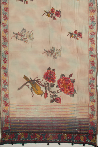 Chanderi Silk Printed And Kantha Work Beige Saree