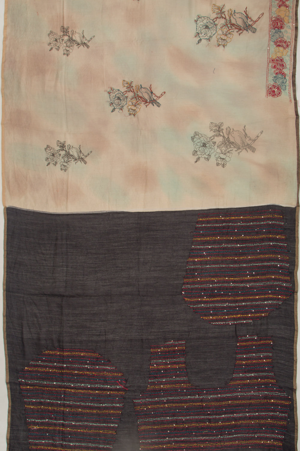 Chanderi Silk Printed And Kantha Work Beige Saree