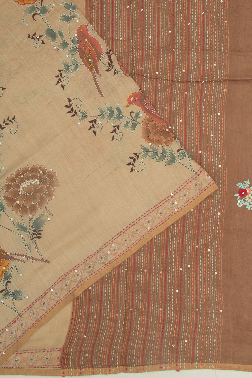 Chanderi Silk Printed And Kantha Work Cream Saree