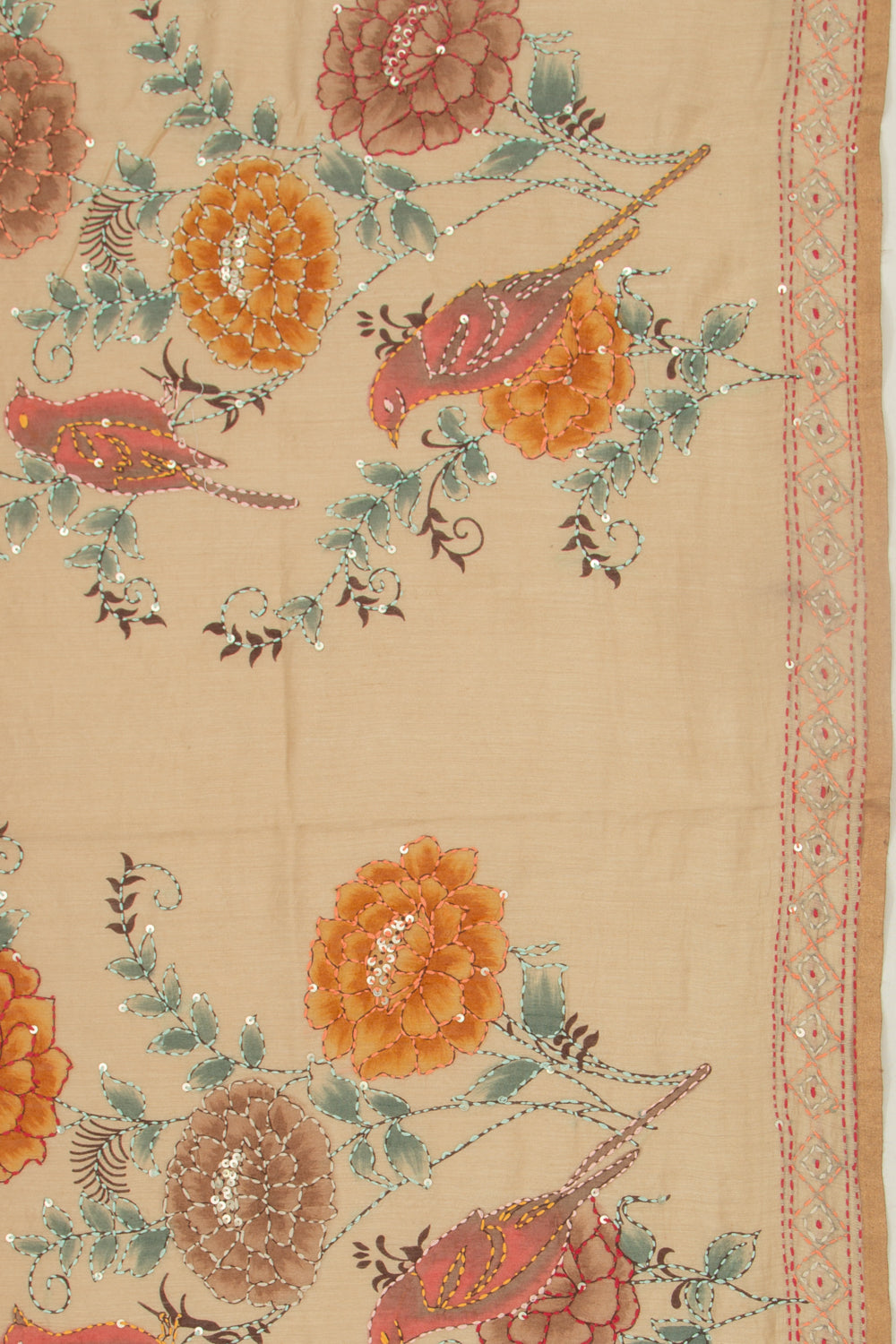 Chanderi Silk Printed And Kantha Work Cream Saree