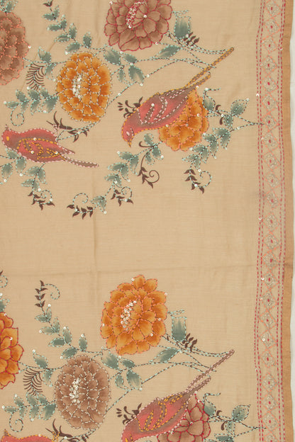 Chanderi Silk Printed And Kantha Work Cream Saree