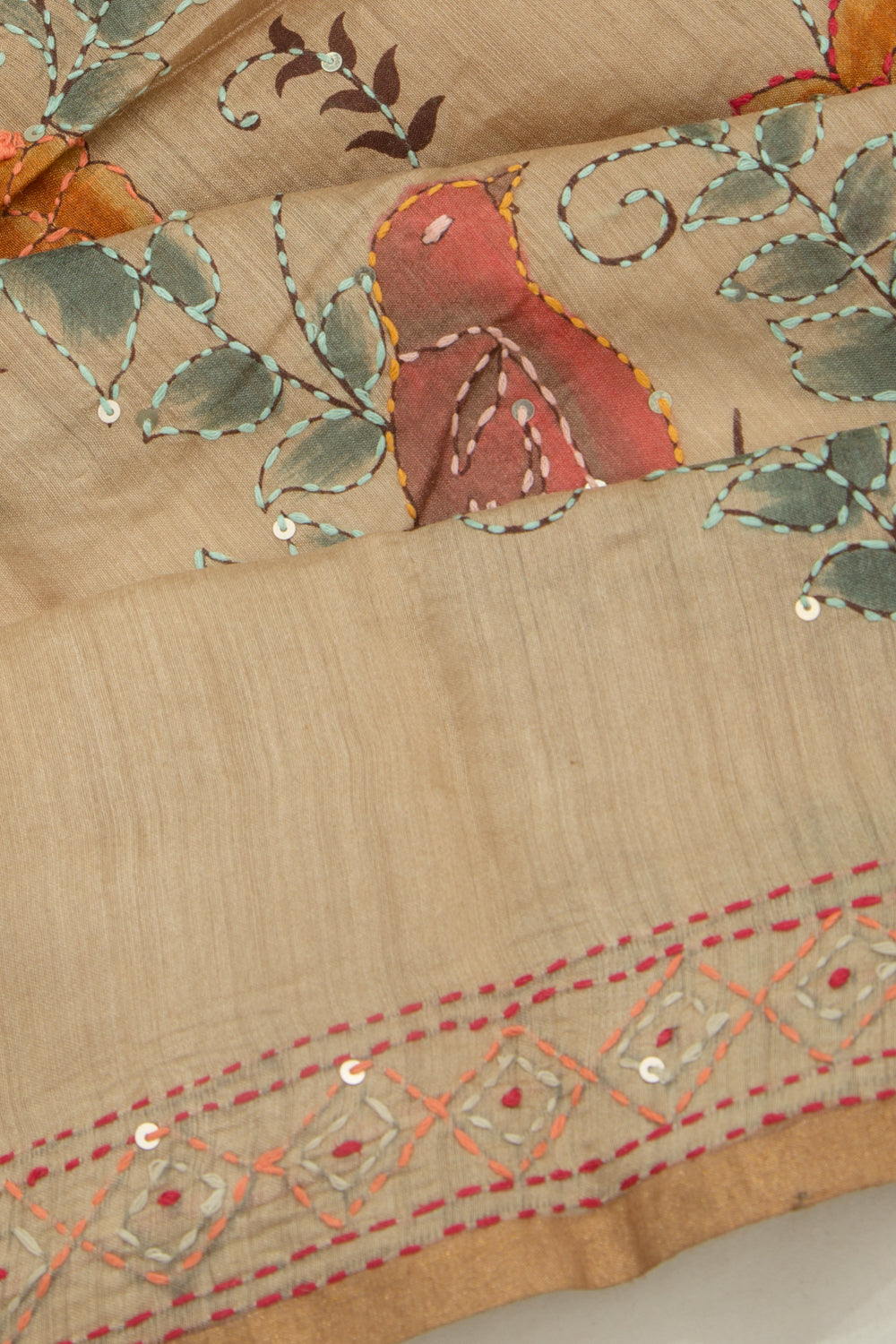 Chanderi Silk Printed And Kantha Work Cream Saree