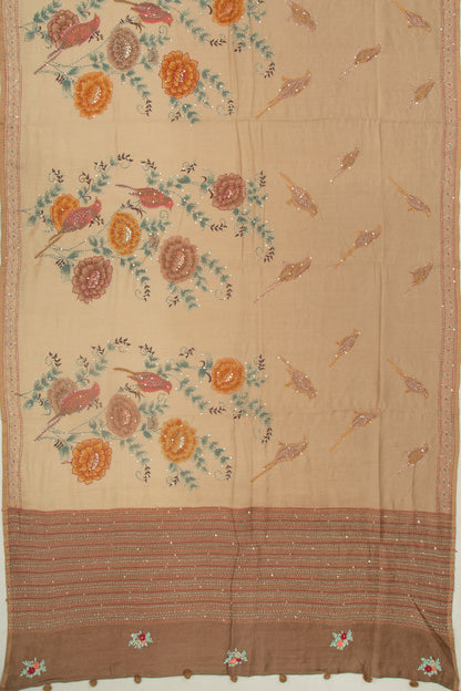 Chanderi Silk Printed And Kantha Work Cream Saree