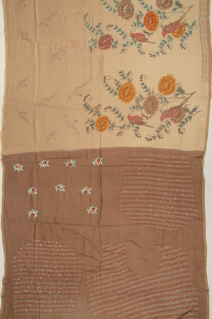 Chanderi Silk Printed And Kantha Work Cream Saree