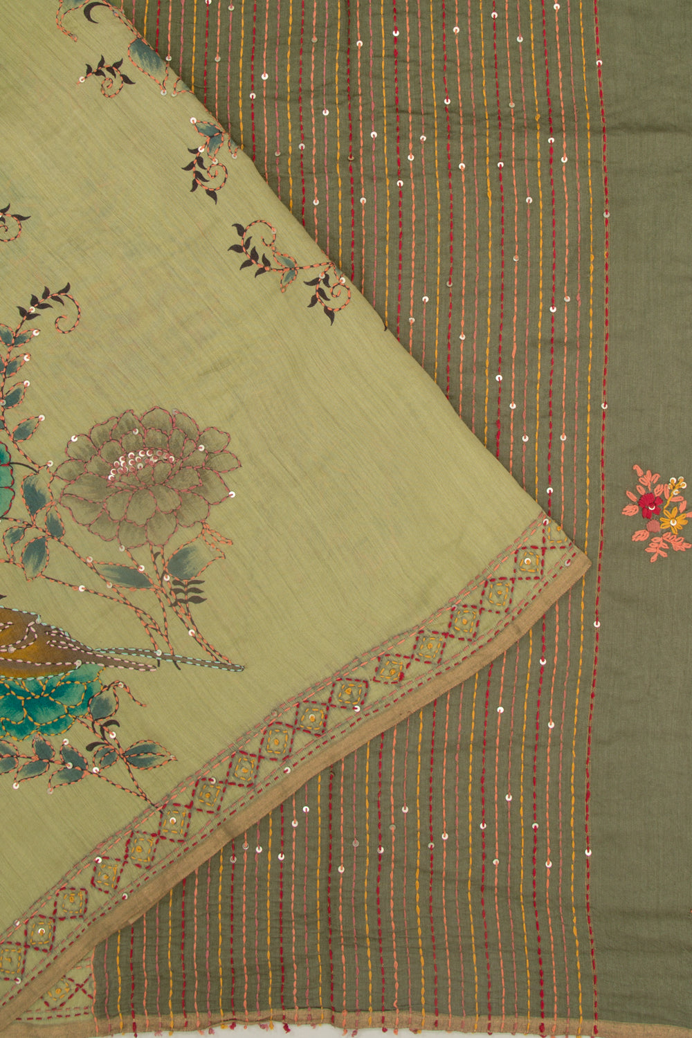 Chanderi Silk Printed And Kantha Work Green Saree
