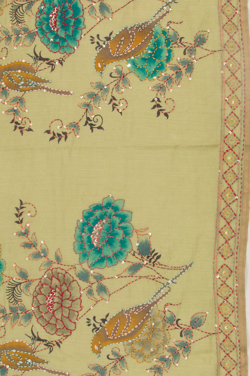 Chanderi Silk Printed And Kantha Work Green Saree