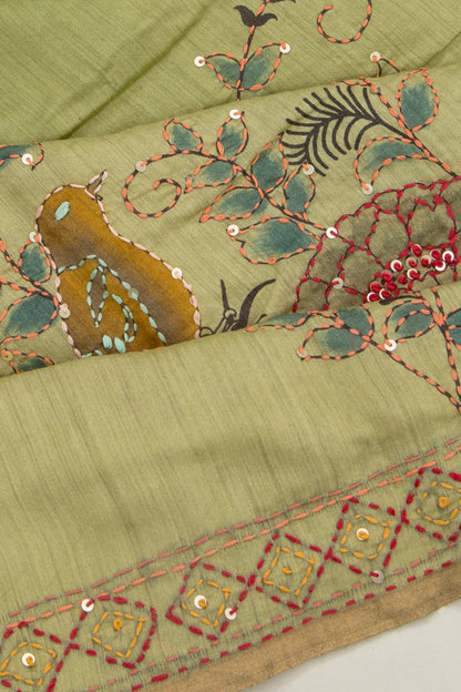 Chanderi Silk Printed And Kantha Work Green Saree