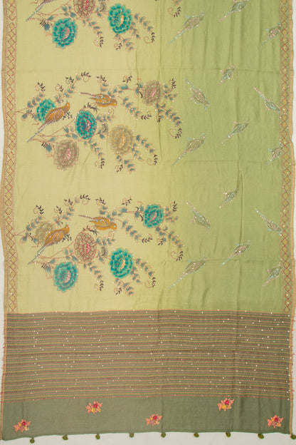 Chanderi Silk Printed And Kantha Work Green Saree