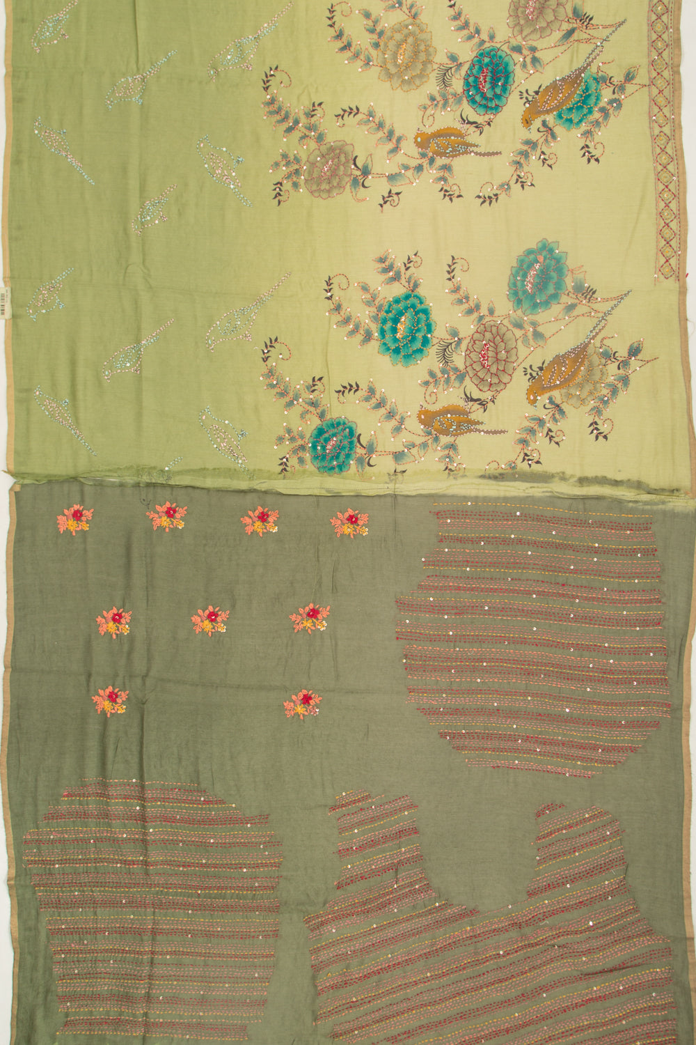 Chanderi Silk Printed And Kantha Work Green Saree