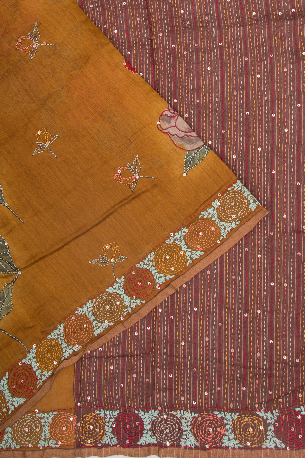 Chanderi Silk Printed And Kantha Work Brown Saree