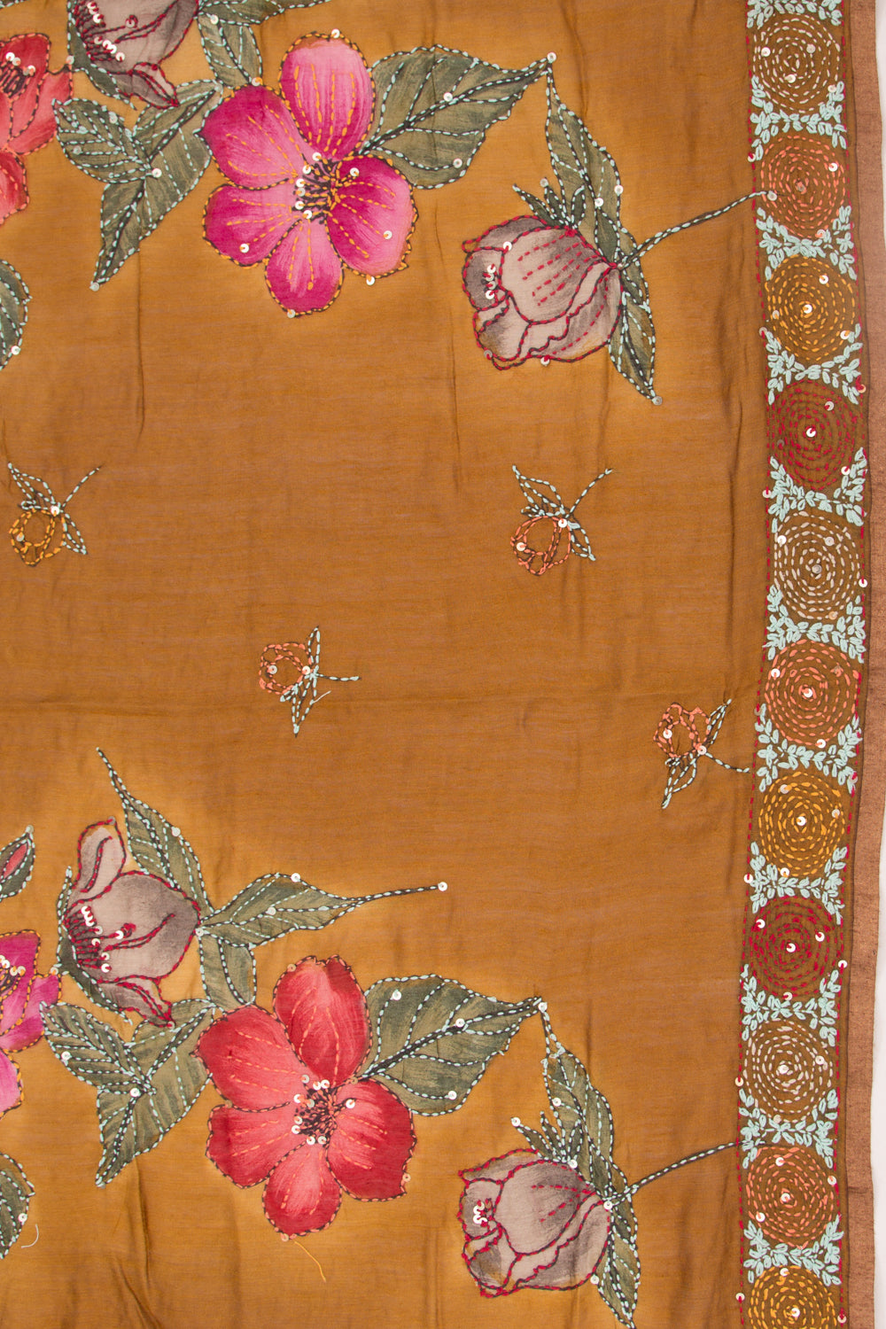 Chanderi Silk Printed And Kantha Work Brown Saree