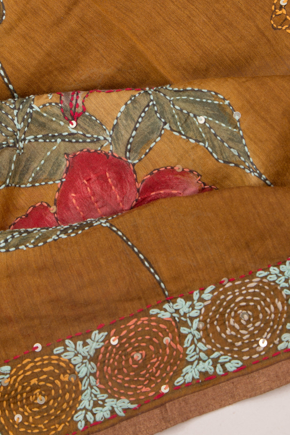 Chanderi Silk Printed And Kantha Work Brown Saree
