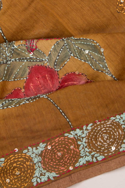 Chanderi Silk Printed And Kantha Work Brown Saree