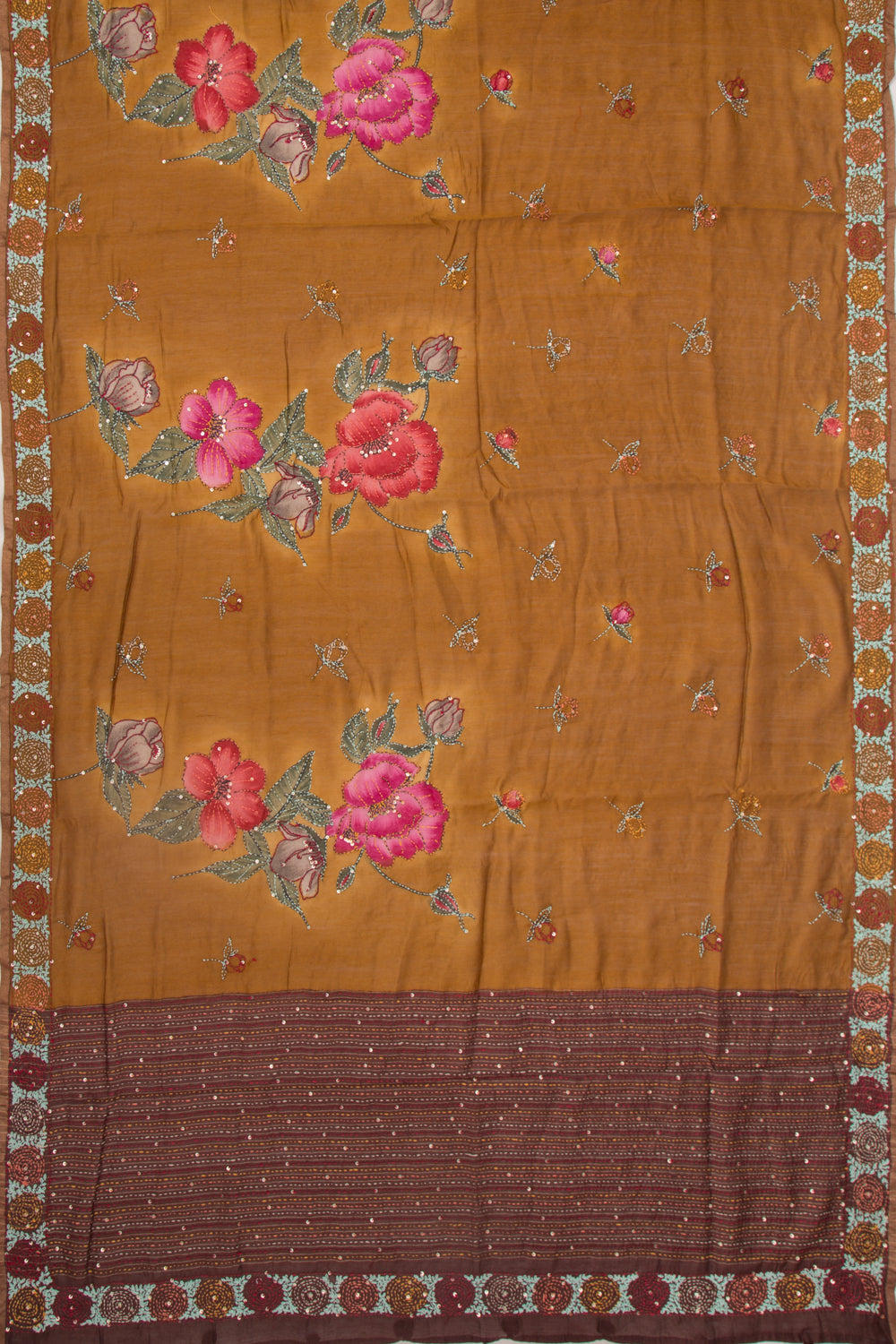 Chanderi Silk Printed And Kantha Work Brown Saree